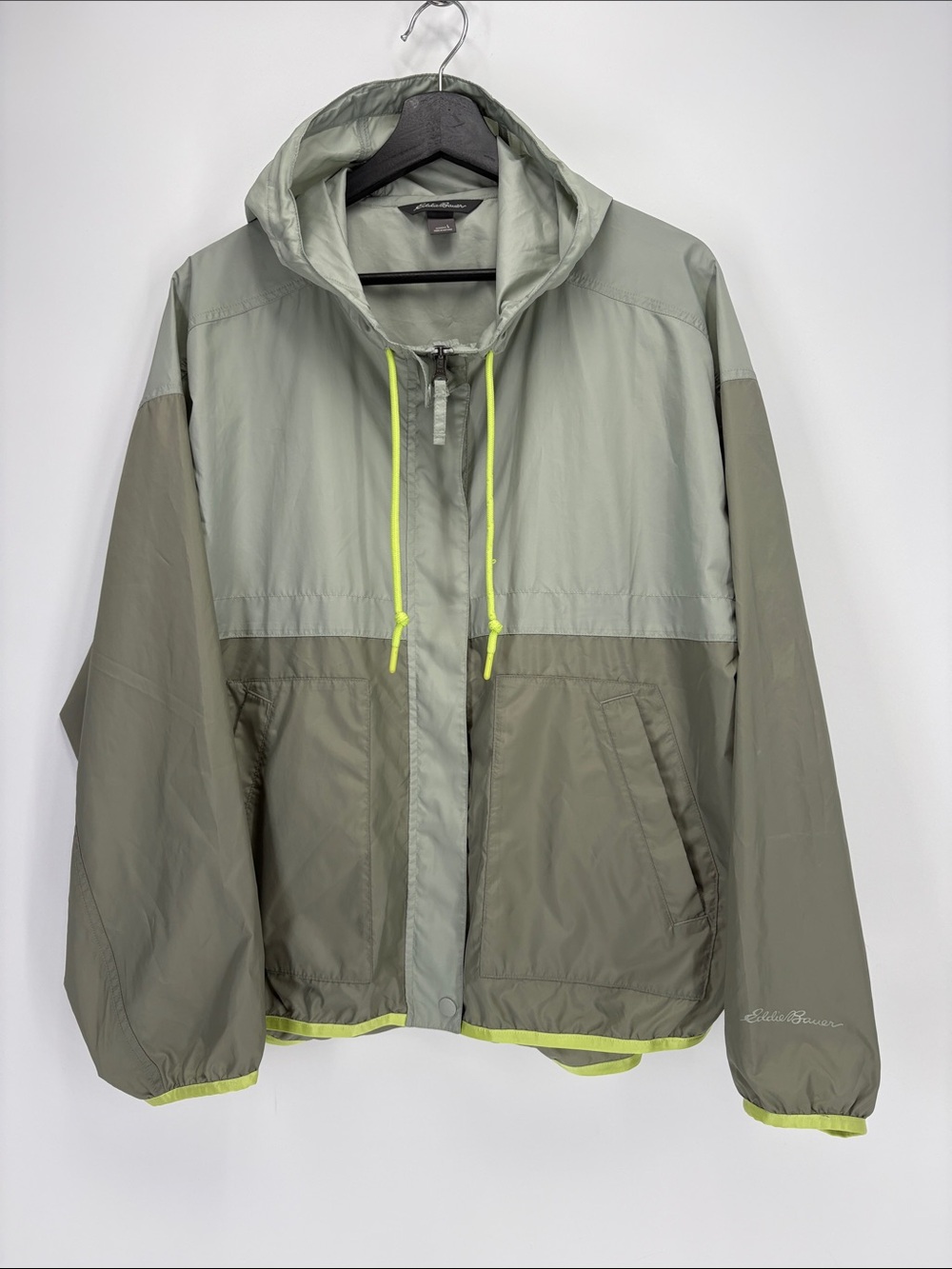 🥜 Eddie Bauer Two-Tone Herb Windbreaker with Neon Yellow Trim
